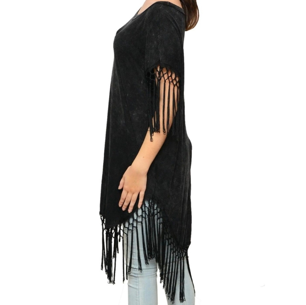 Neiman Marcus POL black fringe burn out black cotton stretch tunic dress amazing